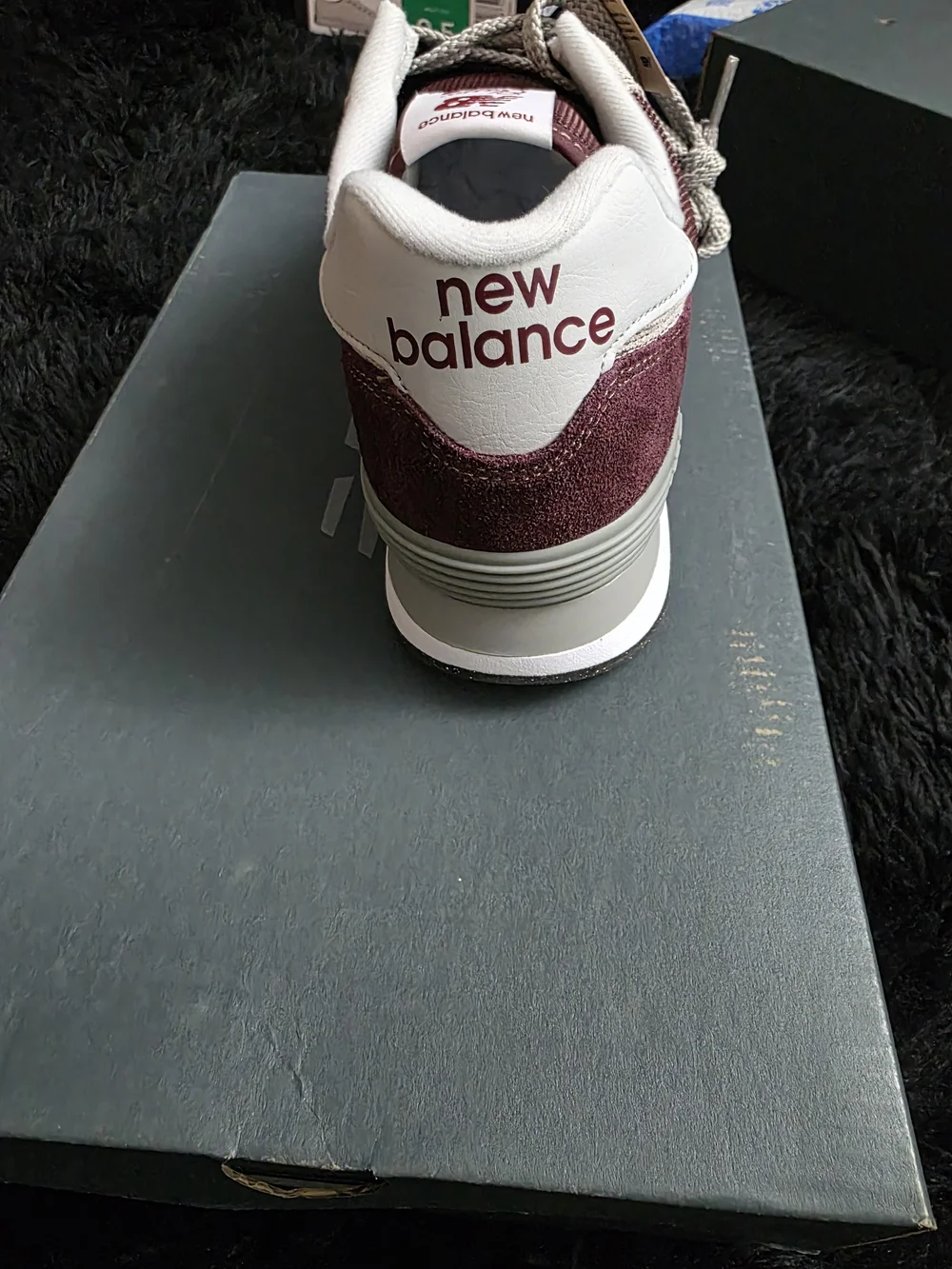 New Balance Burgundy & White Suede Sneaker (Rear View)
